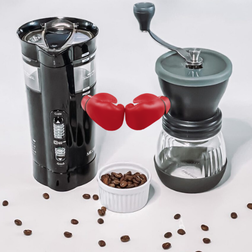 An automatic and manual coffee grinder oppose each other